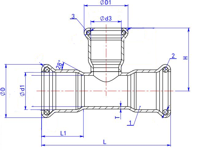 M-Profile Reducing Tee catalogue drawing